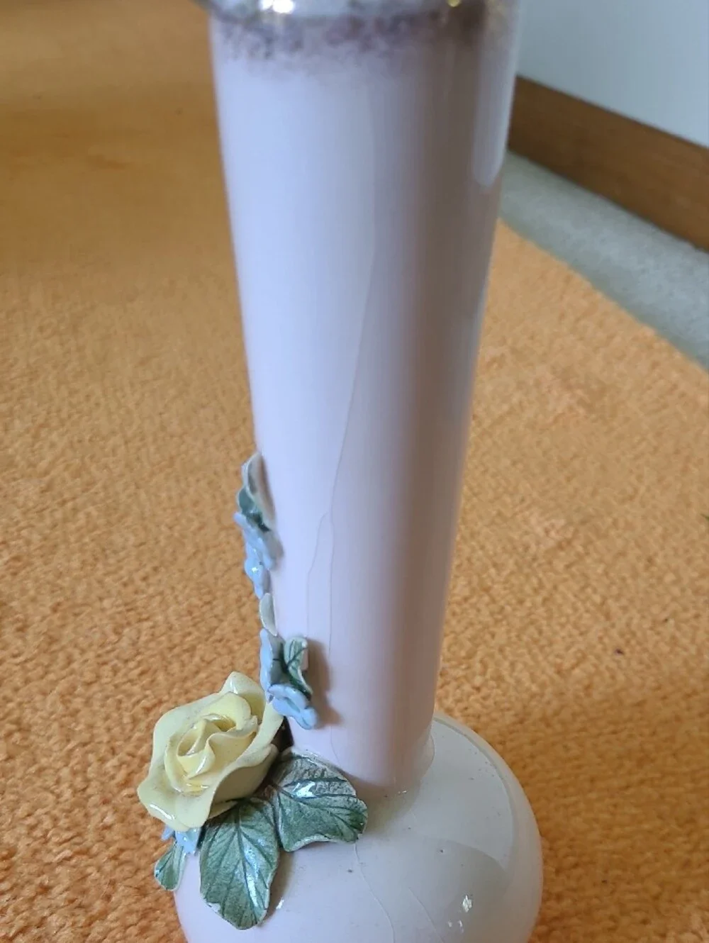 White Ceramic Bud Vase with Yellow Rose and Green Leaf Accents